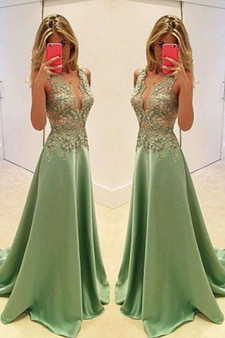 Gorgeous Deep V Neck Sleeveless Satin Lace Appliques Prom Dress P734