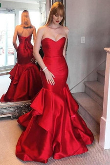 Stunning Red Mermaid Ruffles Sweetheart Strapless Prom Dress P729