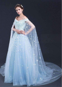 Gorgeous Tulle Off the Shoulder Blue With Lace Appliuqes Prom Dress P728