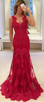 Stunning Red V Neck With Lace Appliques Evening Dress Prom Dress P677