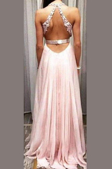 Charming Deep V Neck Prom Dress,Appliques Open Back Side Slit Tulle Evening Dress OMP26
