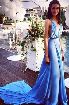 Blue A Line Court Train Deep V Neck Sleeveless Side Slit Backless Evening/Prom Dress P60