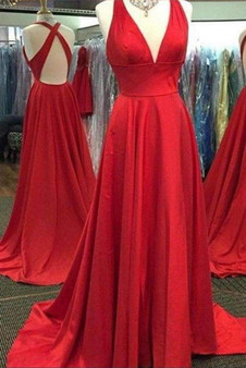Red A Line Sweep Train Deep V Neck Sleeveless X Back Side Slit Prom Dress,Evening Dress P85