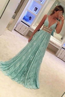 Mint A Line Sweep Train Deep V Neck Sleeveless Prom Dress,Formal Dress P102