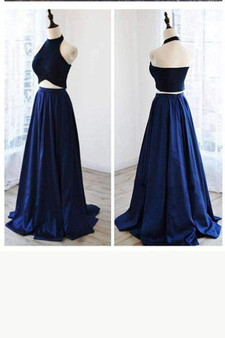 Royal Blue Two Piece A Line Sweep Train Halter Sleeveless Backless Prom Dress,Formal Dress P112