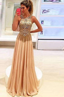 Peach A Line Floor Length Jewel Neck Sleeveless Beading Prom Dress,Formal Dress P144