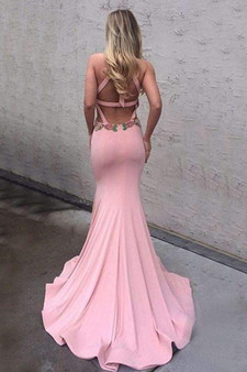 Pink Trumpet Sweep Train Halter Sleeveless Open Back Appliques Prom Dress,Formal Dress P148
