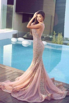 Blush Trumpet Court Train Sheer Neck Sleeveless Sheer Back Beading Prom Dress,Party Dress P151