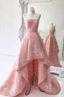 Pink A Line Asymmetrical Straight Sleeveless Mid Back Embroidery Prom Dress,Party Dress P174