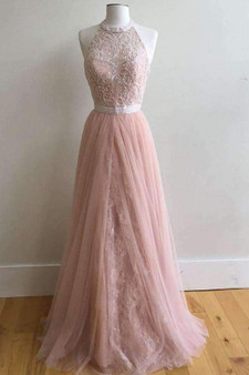 Pink A Line Floor Length Sleeveless Halter Appliques Tulle Prom Dress,Evening Dress P250