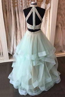 Two Piece A Line Floor Length Halter Sleeveless Appliques Ruffles Prom Dress,Evening Dress P251