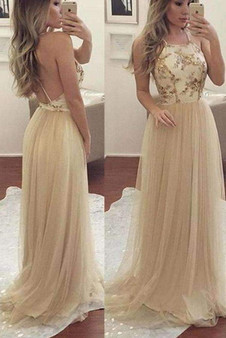 A Line Sweep Train Halter Sleeveless Backless Layers Tulle Prom Dress,Evening Dress P252