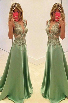 Green A Line Floor Length Deep V Neck Sleeveless Beading  Prom Dress,Evening Dress P254