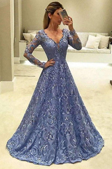 A Line Brush Train Deep V Neck Long Sleeve Appliques Prom Dress,Party Dress P426