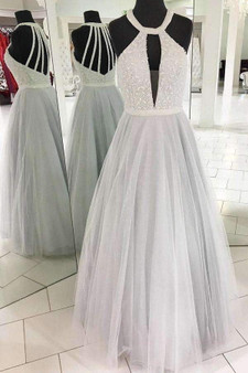 Gray A Line Floor Length Halter Sleeveless Backless Beading Prom Dress,Party Dress P485