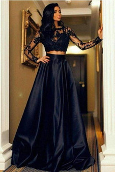Black Two Piece A Line Brush Train Long Sleeves Lace Prom Dress,Party Dress P491