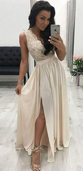 Luxury V Neck Sleeveless Chiffon Appliques With Split Prom Dresses P638