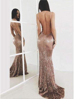 Sexy Deep V Neck Backless Sleeveless With Sequins Trumpet Prom Dress P646