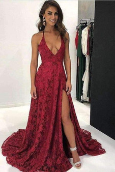 Gorgeous Lace Appliques Spaghetti Straps V Neck With Split Prom Dress P656