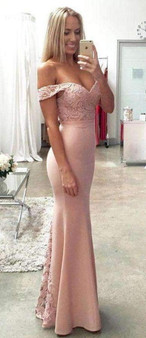 Chic Off the Shoulder V Neck With Lace Appliques Prom Dress P661