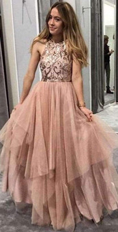 Gorgeous Round Neck Sleeveless Tulle With Sequins Prom Dress P671