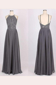 Gray A Line Floor Length Halter Sleeveless Backless Beading Prom Dress,Evening Dress P86