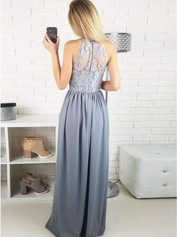 Chic Round Neck With Lace Appliques Floor Length Prom Dresses P635