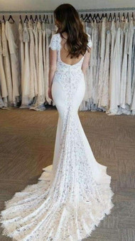 Luxury Short Sleeves Backless V Neck Mermaid Wedding Dress Sweep Train W552