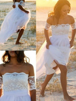 Simple Off Shoulder Short Sleeves Tulle Lace Beach Wedding Dress W550