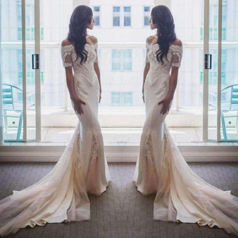 Elegant Off Shoulder Short Sleeves Lace Mermaid Wedding Dress W539