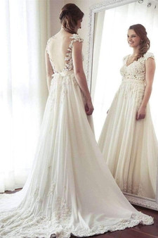 Delicate V Neck Cap Sleeves Sweep Train Backless Wedding Dress W496