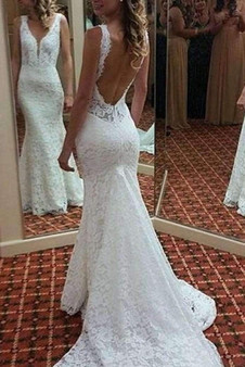 Elegant V Neck Backless Mermaid Lace Appliques Wedding Dress Sweep Train W488