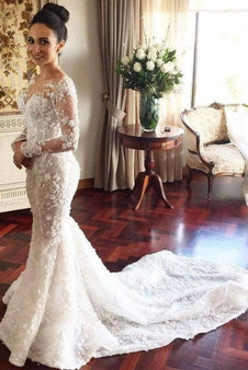 Chic Mermaid Long Sleeves Sweep Train Wedding Dress with Lace Appliques W482