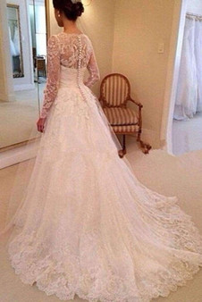 Charming Long Sleeves V Neck Sweep Train Wedding Dress Lace Appliques W478