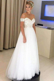 Chic Off the Shoulder Sweetheart Floor Length Tulle Wedding Dress W477