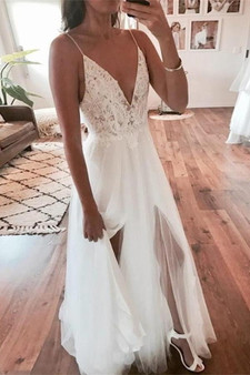 Simple Spaghetti Straps V Neck Sleeveless With Split Side Wedding Dress W443