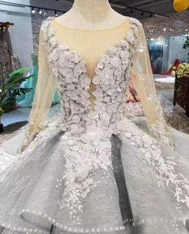 Gorgeous Lace Appliques Tulle Long Sleeves Monarch Train Ball Gown Wedding Dress W003