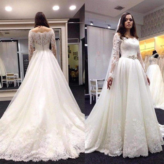 Elegant Long Sleeves Off The Shoulder Tulle Lace Appliques With Trailing Wedding Dress W417