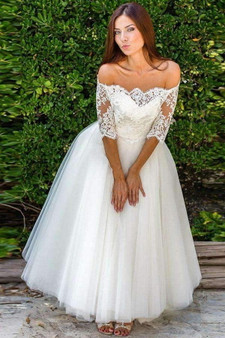 Chic Off the Shoulder Half Sleeves Tulle With Lace Appliques Long Wedding Dress W414