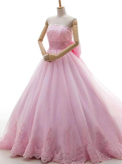 Pink Tulle Strapless With Bowknot Sleeveless Appliques Ball Gown Wedding Dress W406