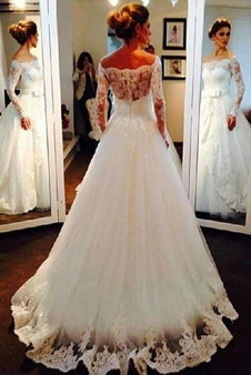 Elegant Off the Shoulder Long Sleeves Ball Gown Lace Appliques Wedding Dresses W377