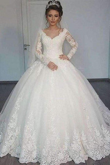 Romantic Lace Appliques V Neck Long Sleeves Ball Gown Wedding Dresses W374