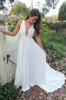 White A Line Court Train Deep V Neck Sleeveless Prom Dress,Wedding Dress P105
