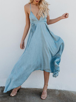 Deep V-Neck Solid Color Spaghetti-neck Maxi Dress