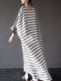 Retro Striped Loose Ramie Cotton Maxi Dress