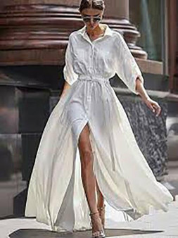 Pretty Solid Color Bohemia Long-sleeve Split-Side Maxi Dress
