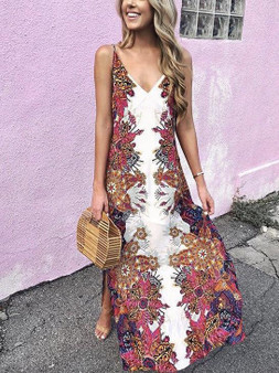 Strap Vest Bohemia Maxi Chiffon Floral Print Dress Beach Style Vacation Dress