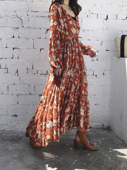 V-neck Floral-Print Maxi Bohemia Dress