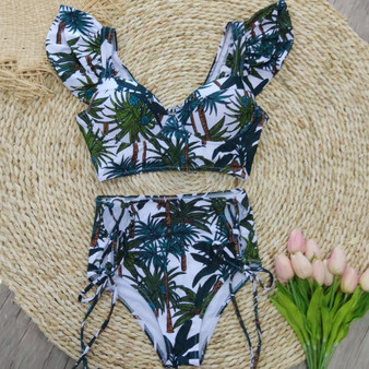 High Waist Swimwear Women Swimsuit Bikini Bandage Set Padded Bathing Suit Leaf Print