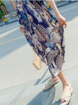 Retro Chiffon Printed Short Sleeve V Neck Bohemia Beach Dress